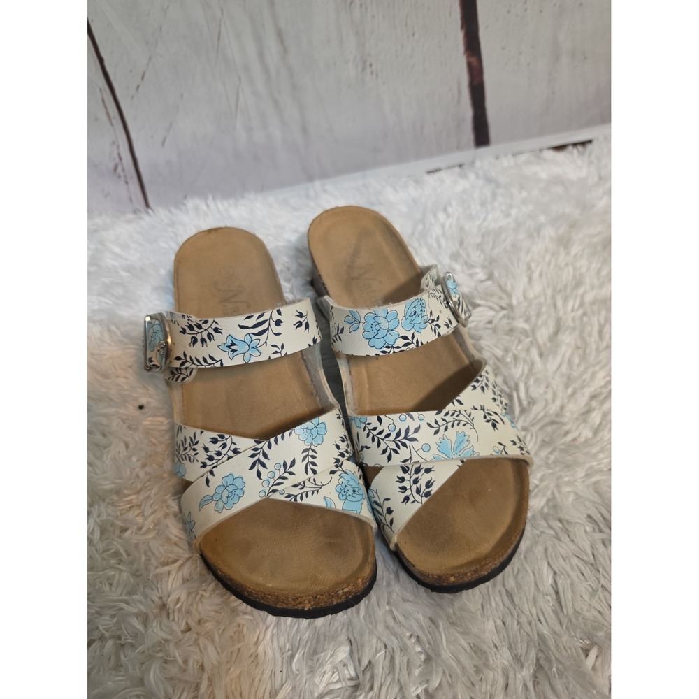 Natural Reflections Womens Floral Wedge Slide Sandals Blue White Cork Heel